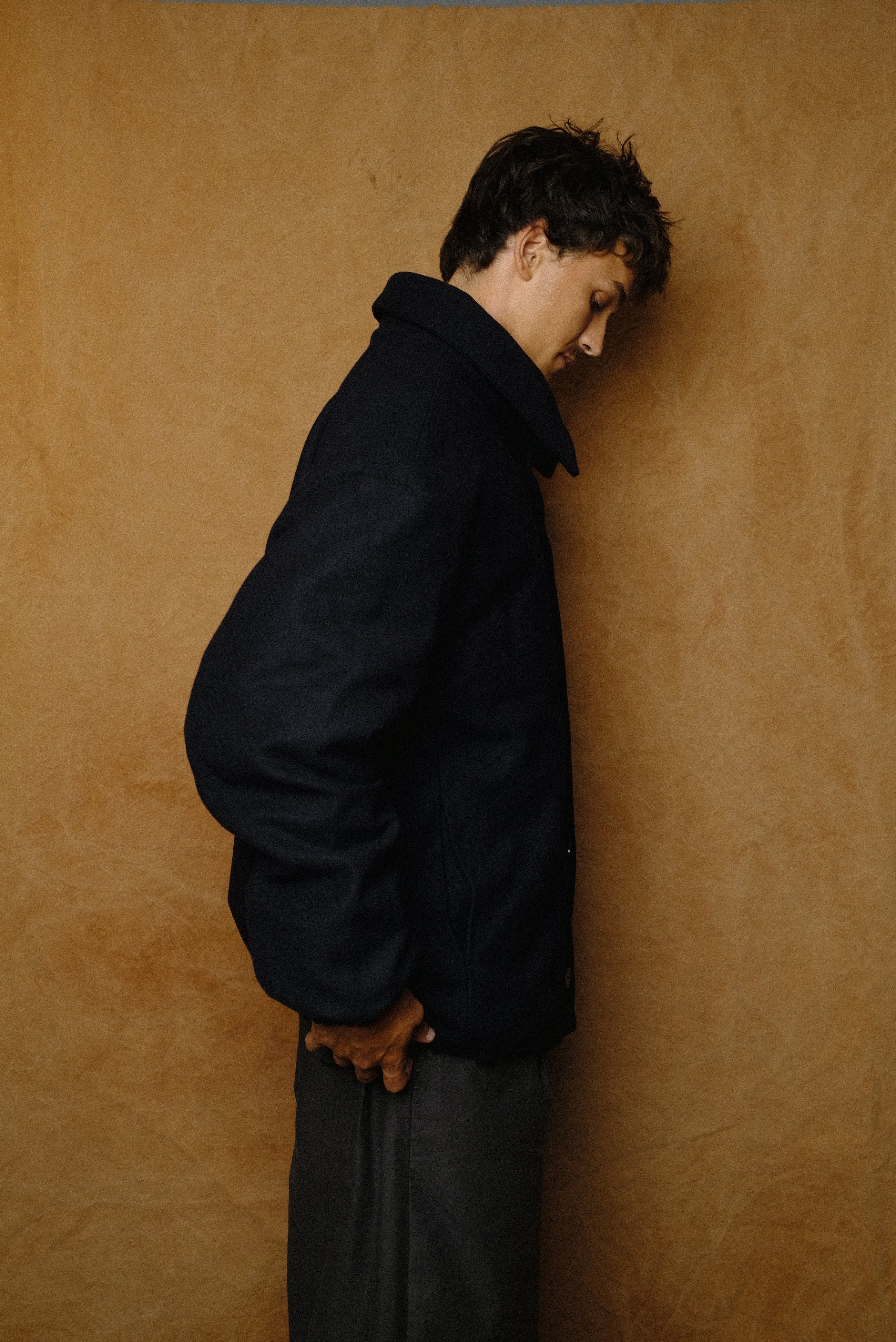 wool gabardine short coat in dark navy