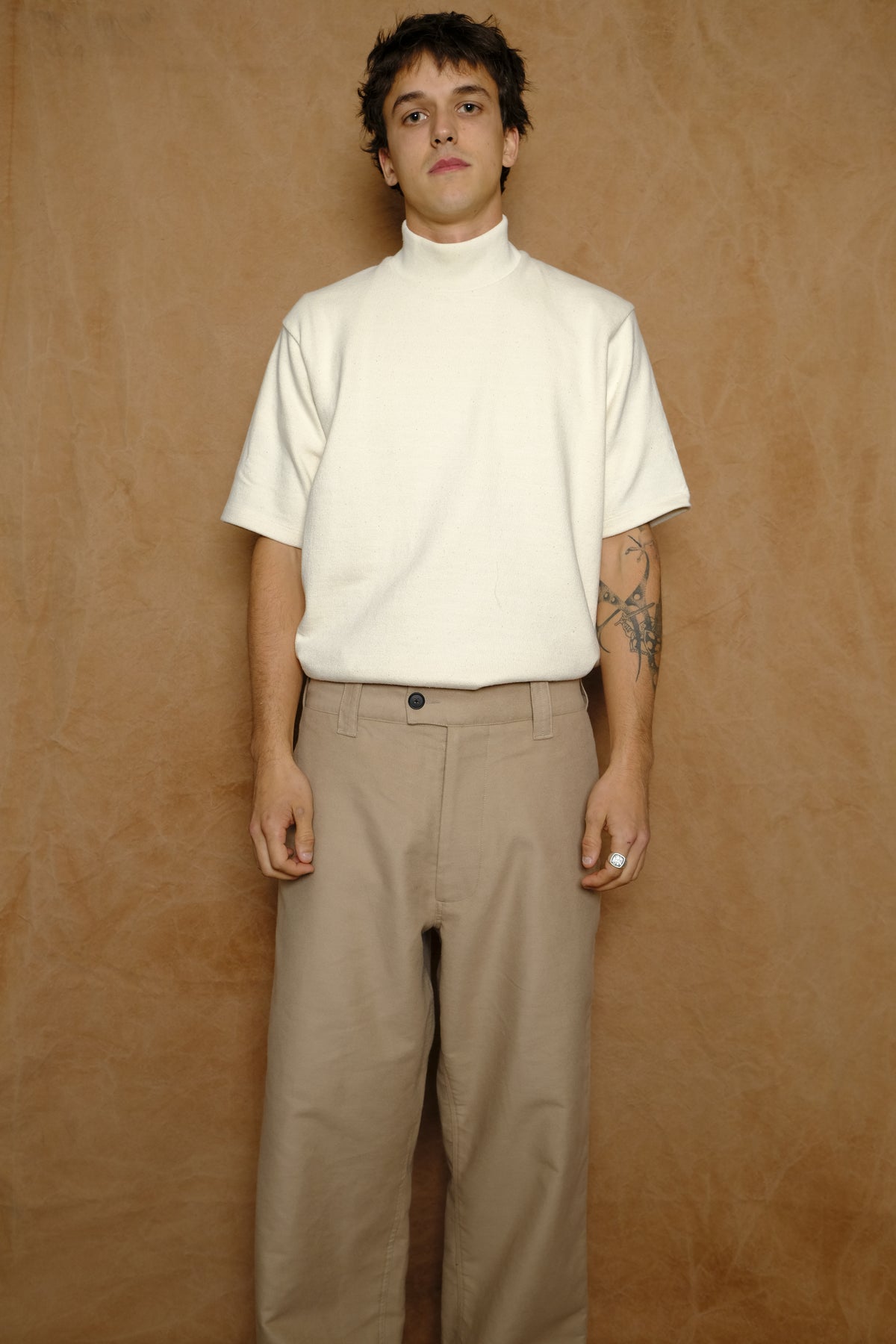hi-neck shirt in ecru tuck stitch cotton jersey