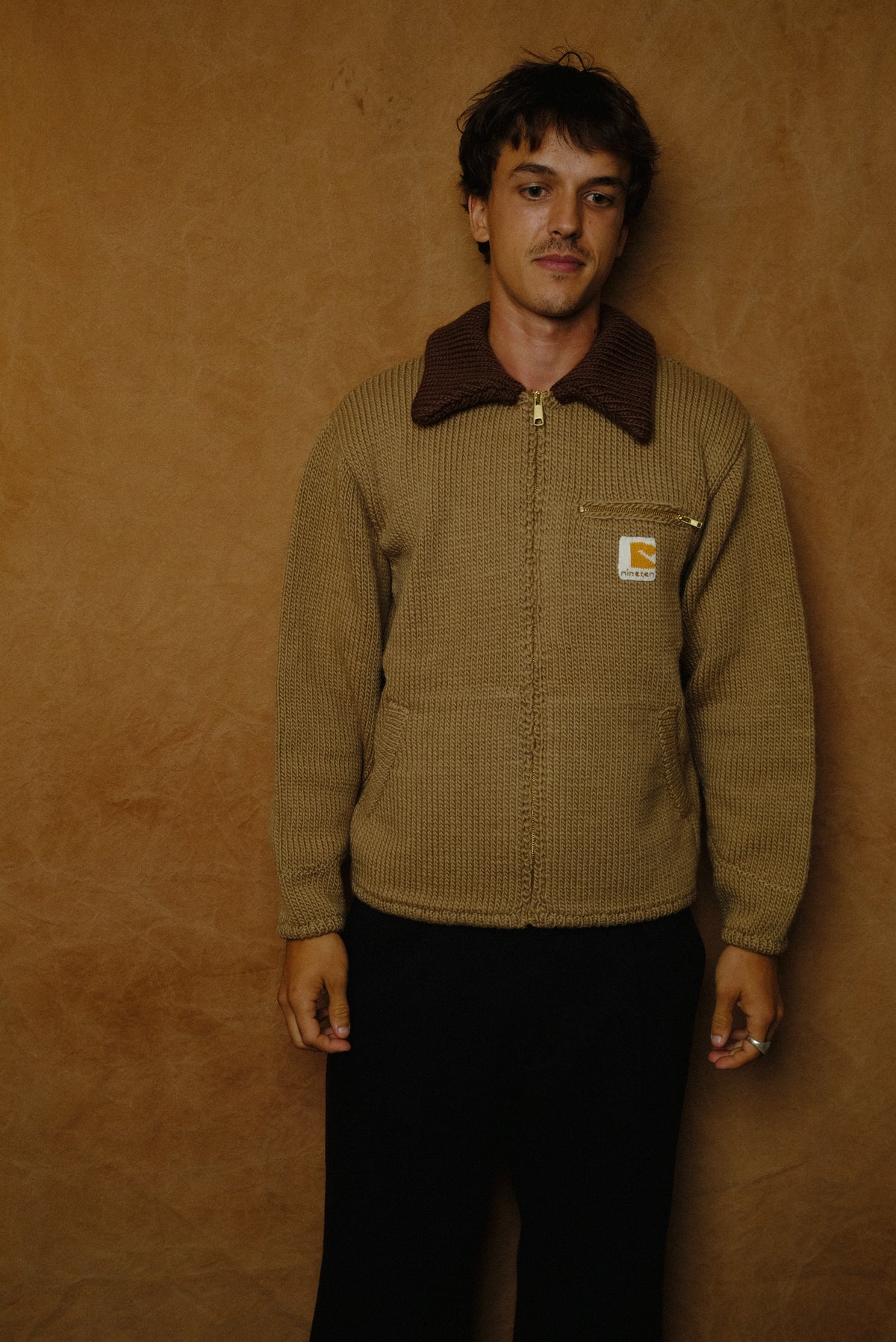 home made knitting detroit jacket in tan