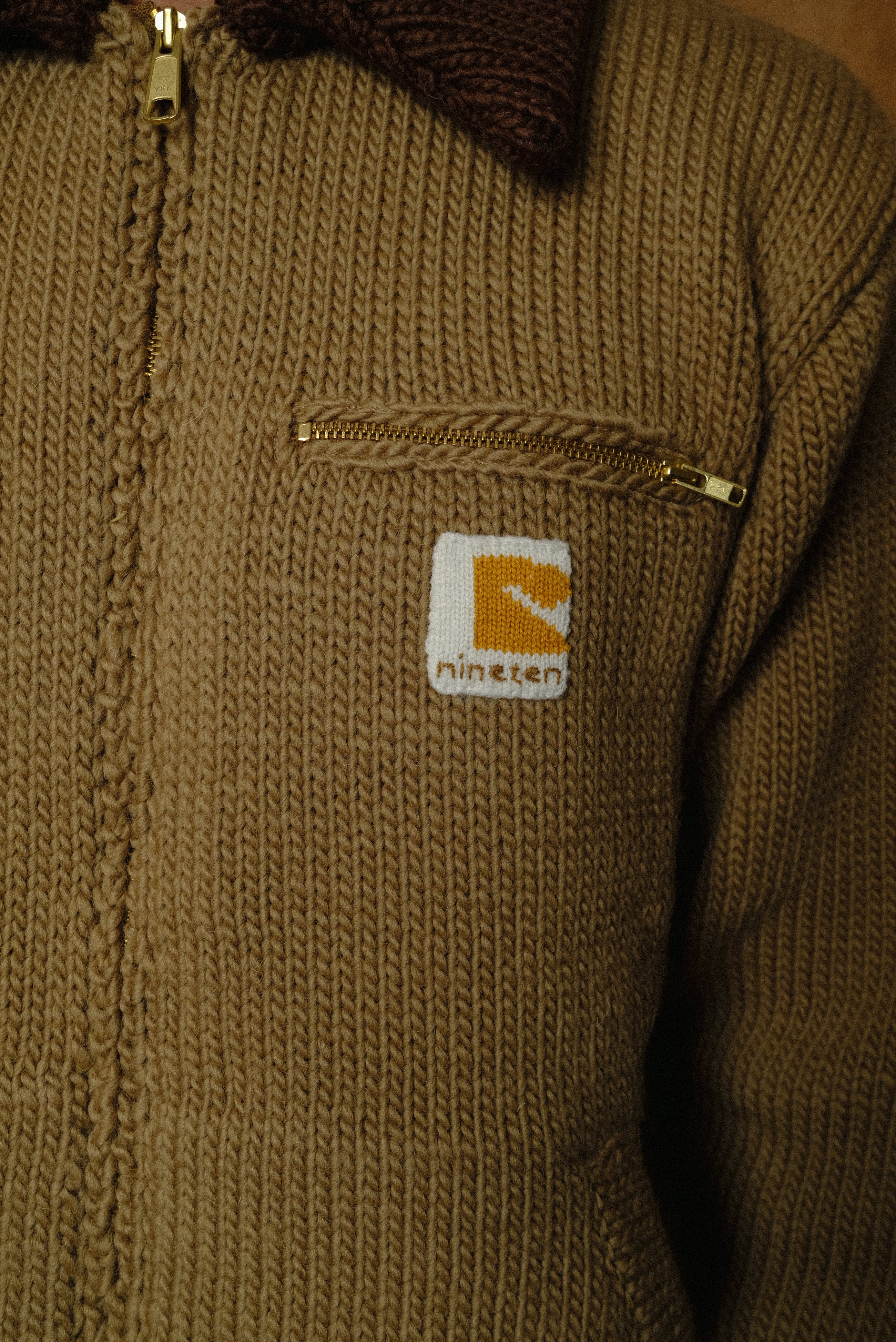 home made knitting detroit jacket in tan