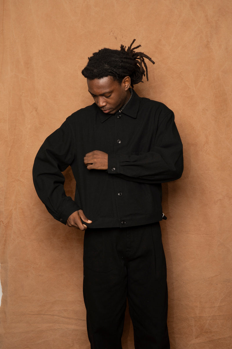 trucker jacket in black cotton silk