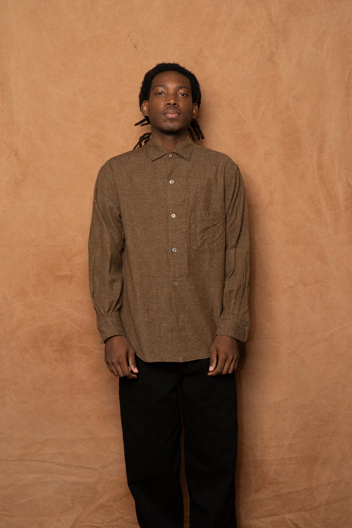italian collar long sleeve shirt B in brown wool silk