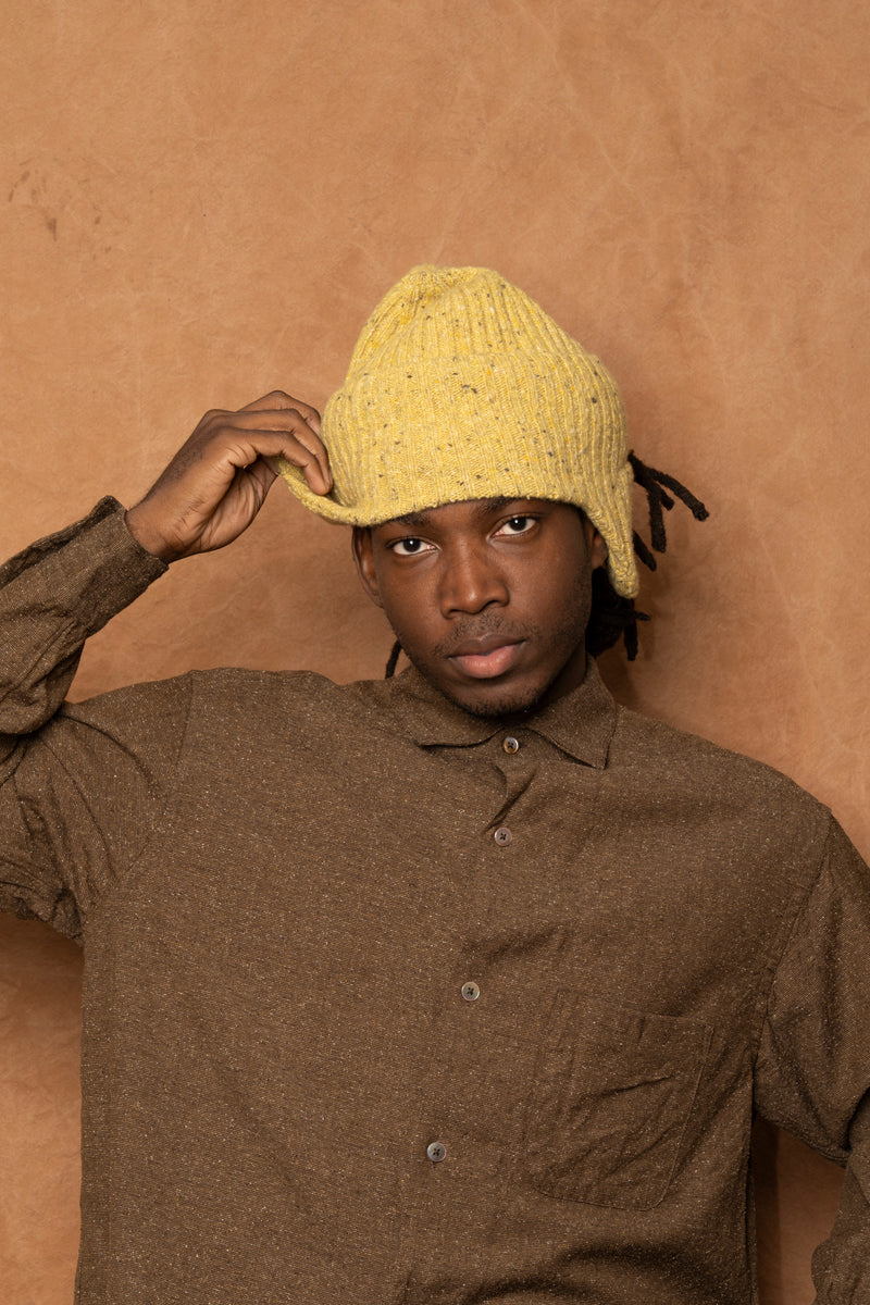 flap beanie in speckled mustard