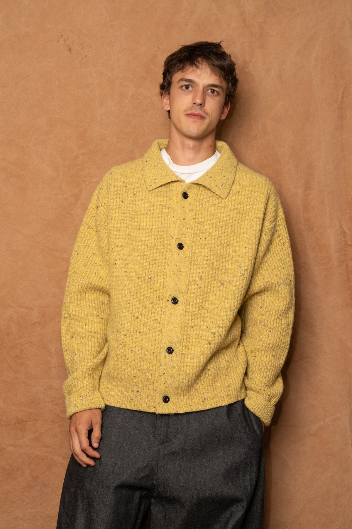 wiral cardigan in speckled mustard