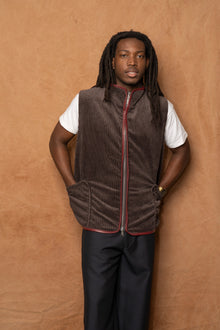 wrap vest in brown cotton corduroy