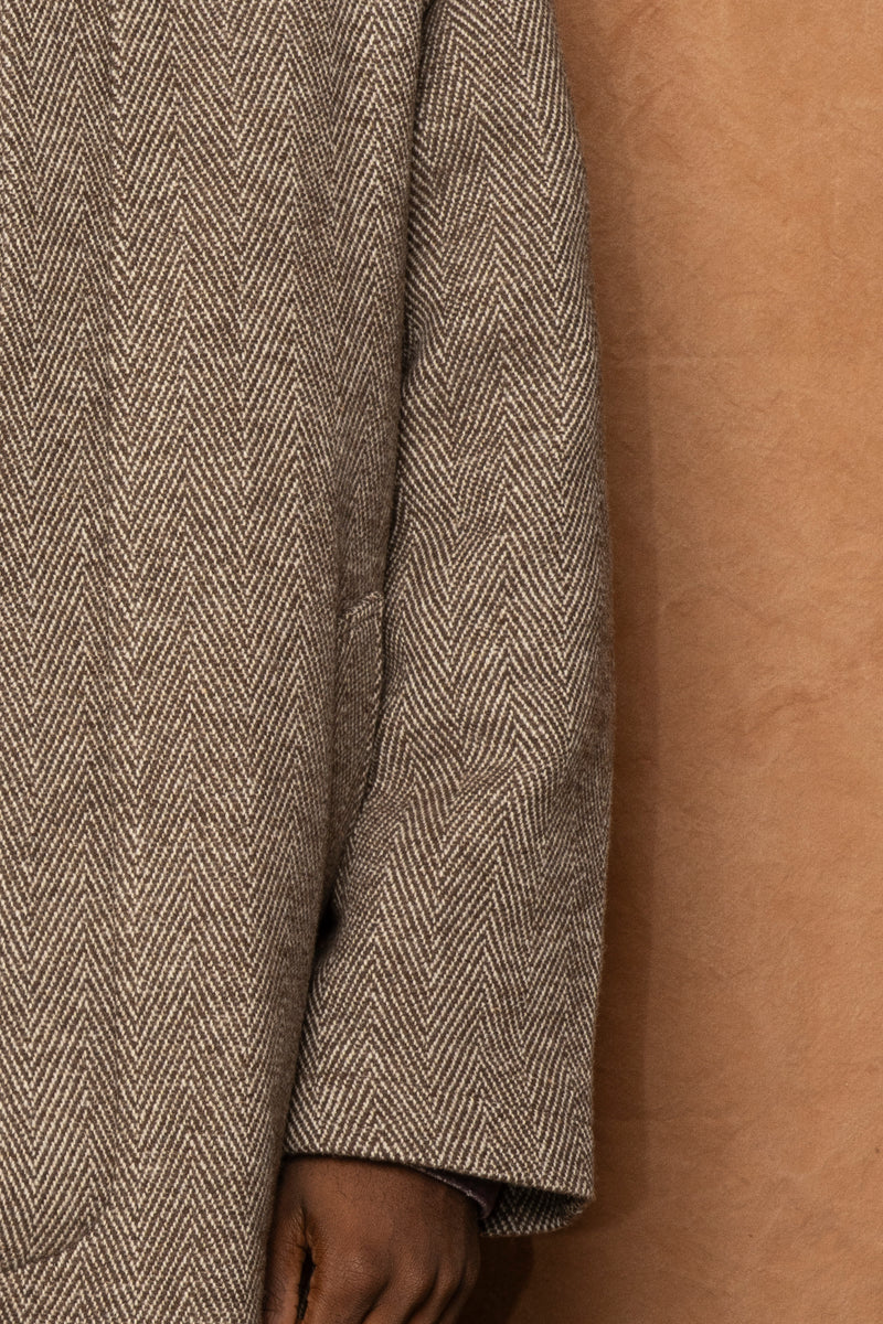 raglan top coat in brown herringbone wool