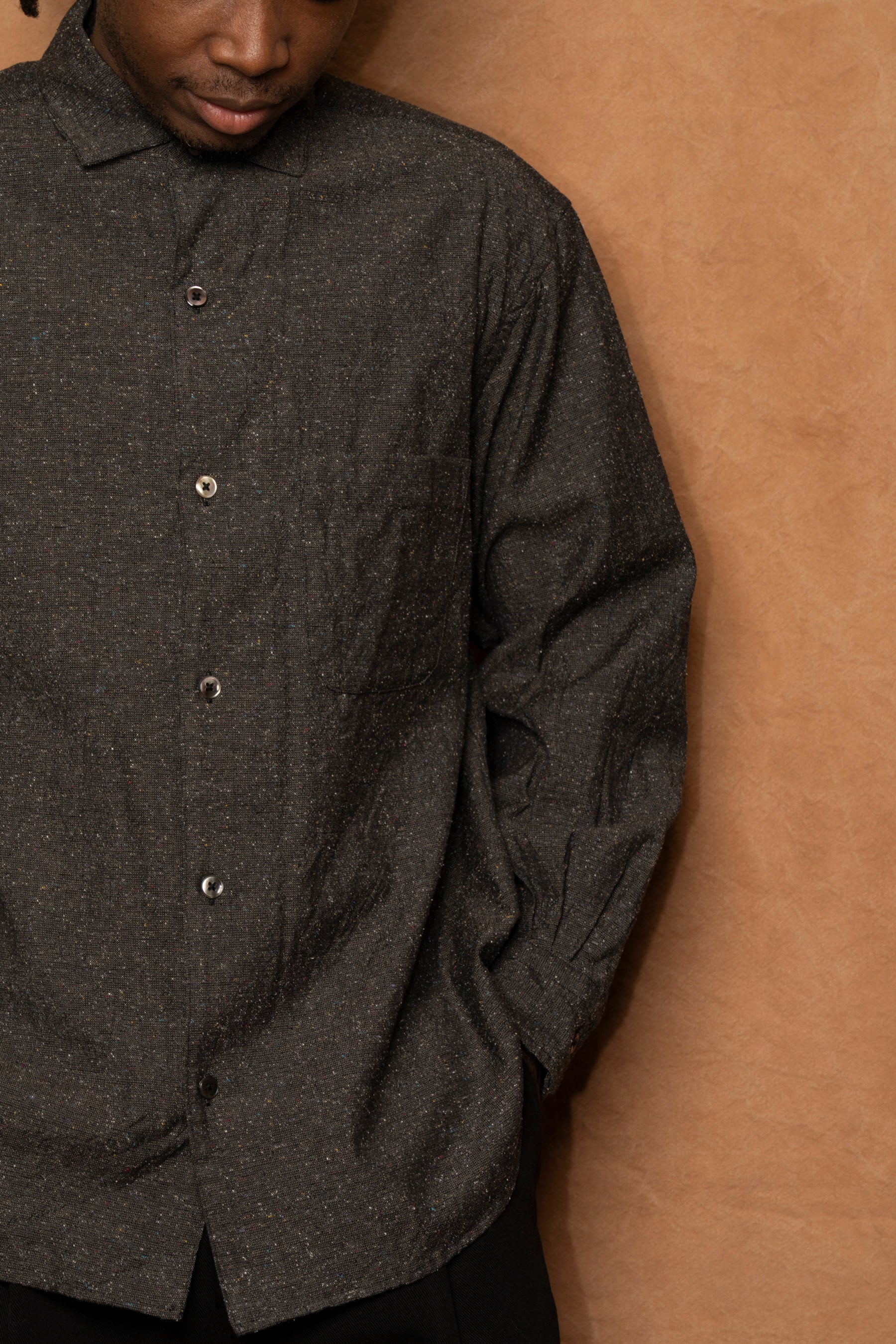 italian collar long sleeve shirt B in black wool silk