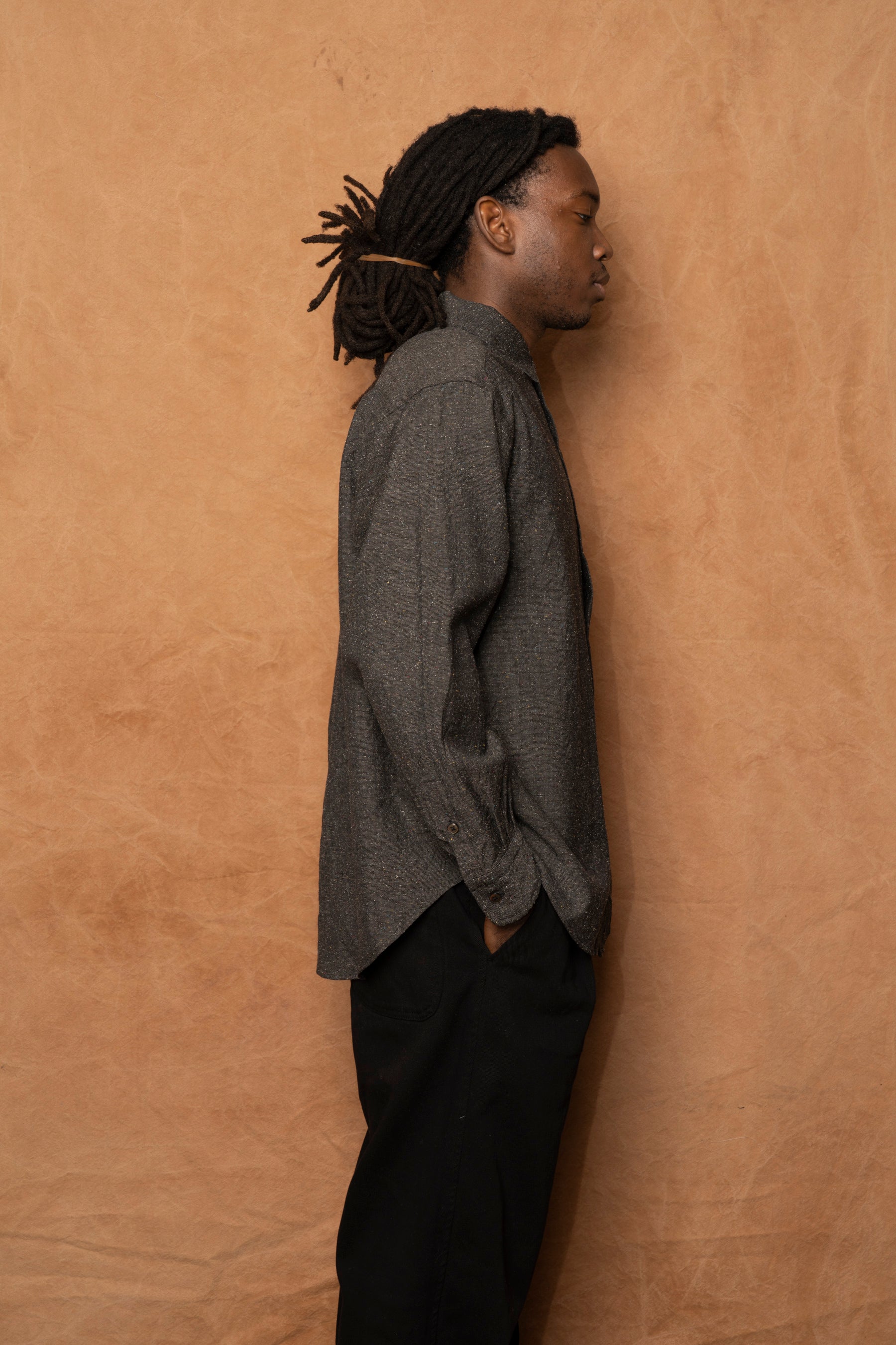 italian collar long sleeve shirt B in black wool silk