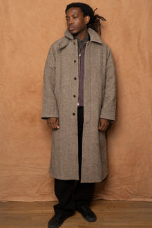 raglan top coat in brown herringbone wool
