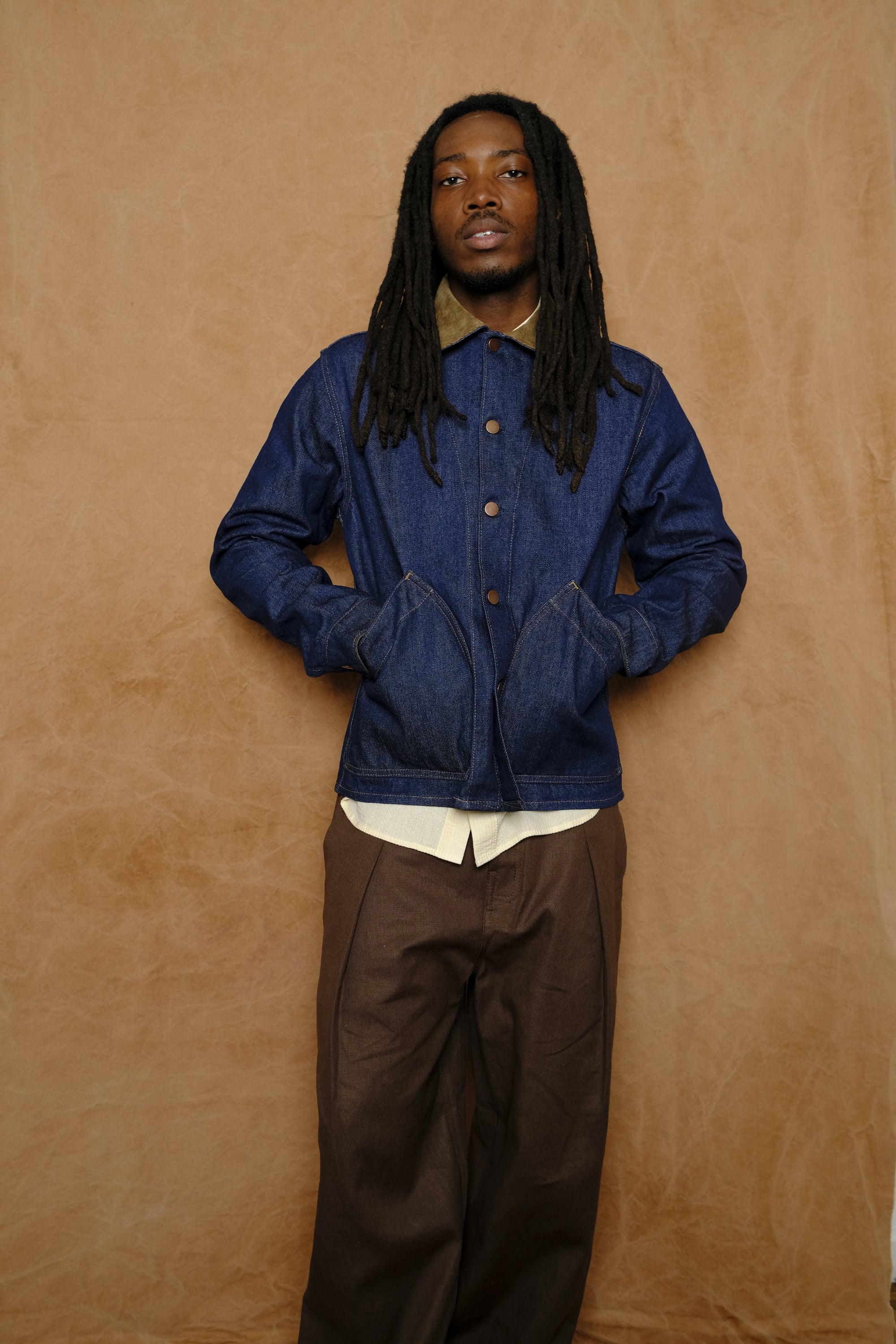 vaquero jacket in denim with coyote brown corduroy contrast