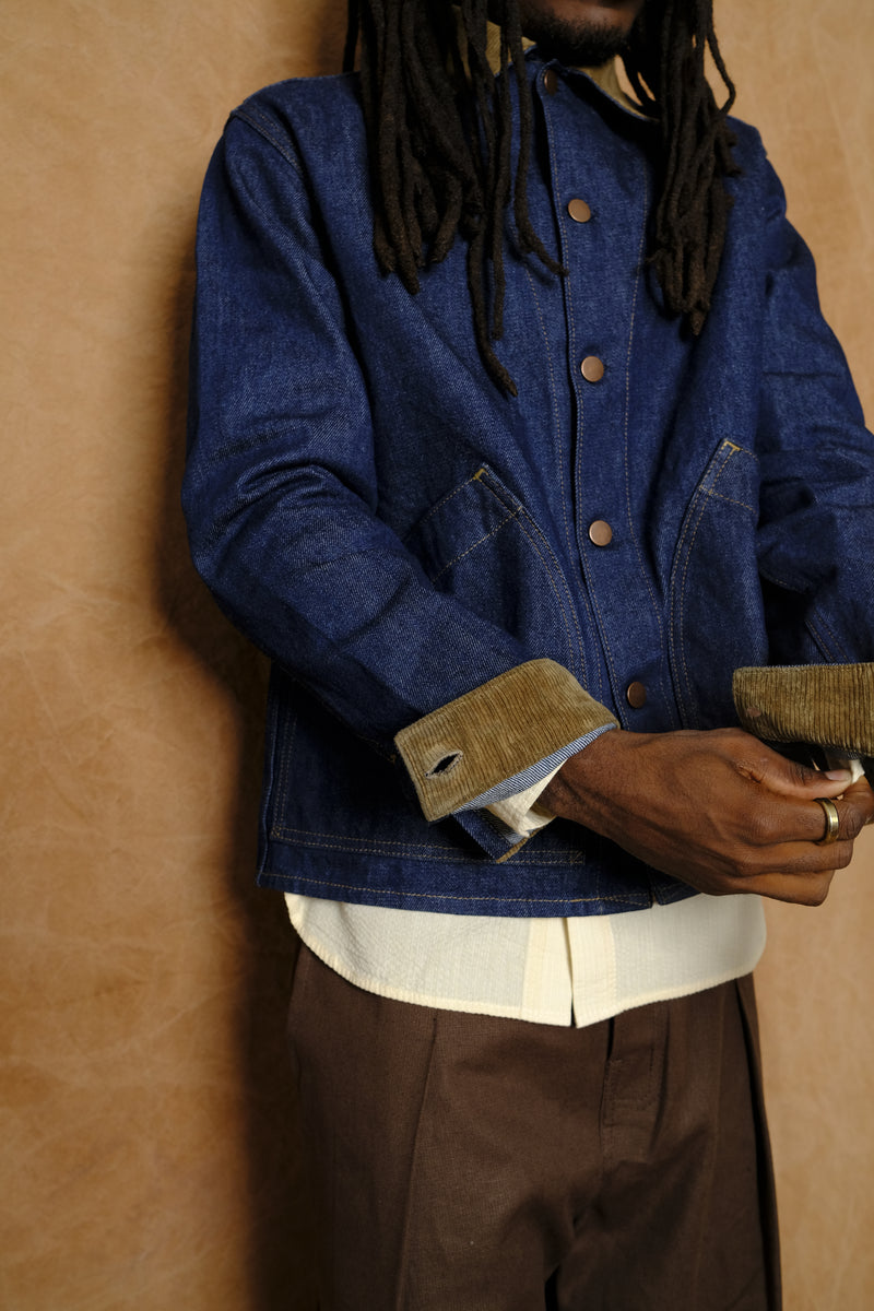 vaquero jacket in denim with coyote brown corduroy contrast