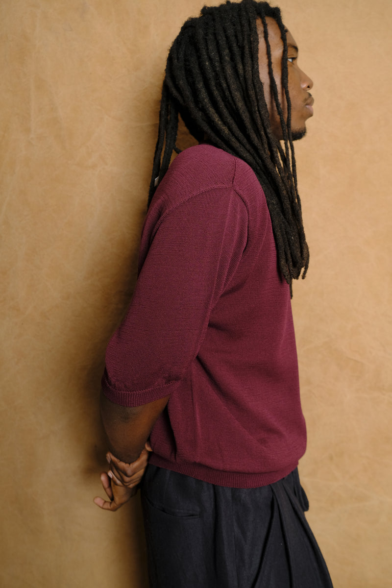wide knit t shirt in burgundy
