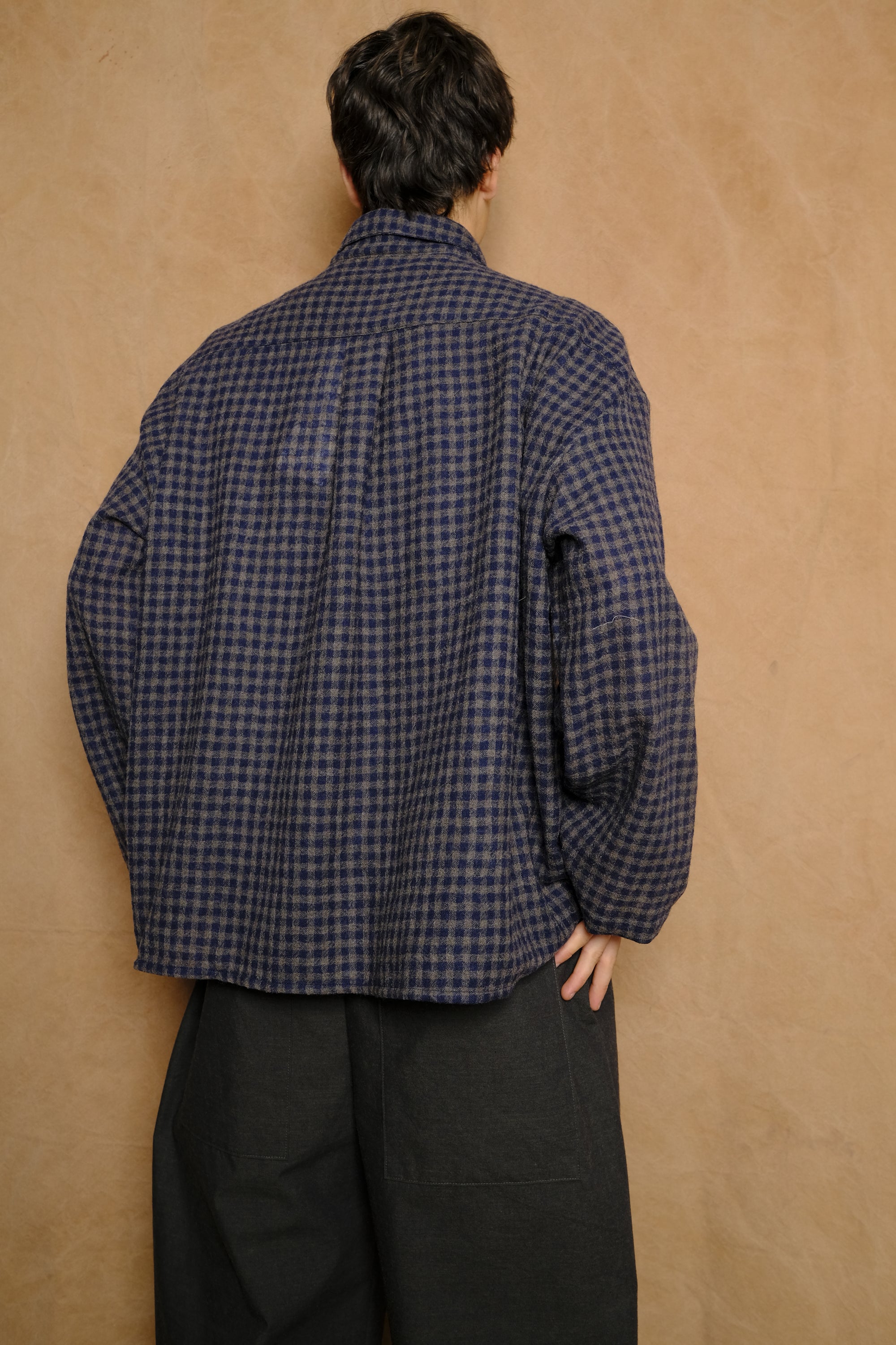 cafe shirt in navy and olive brown gauze