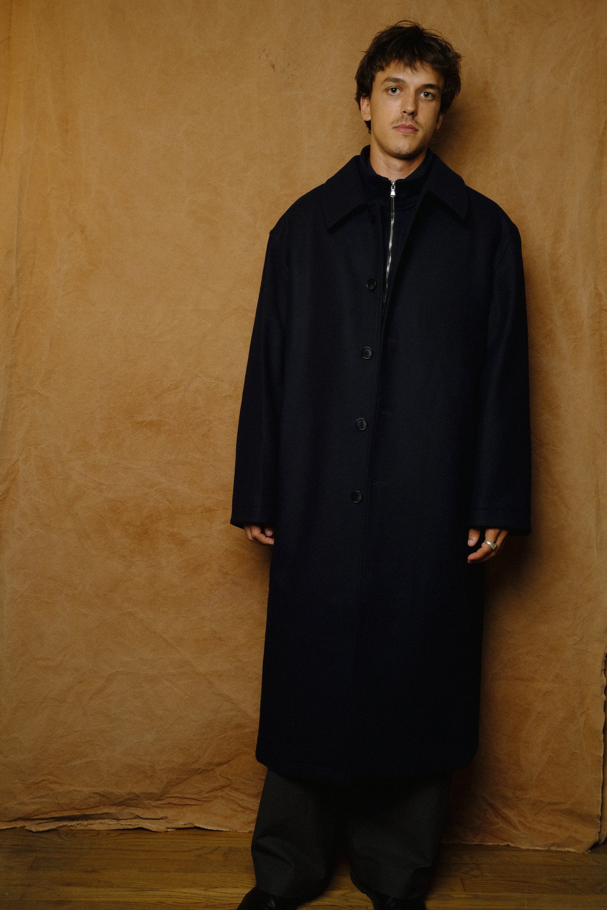 loden wool & cashmere long coat in dark navy