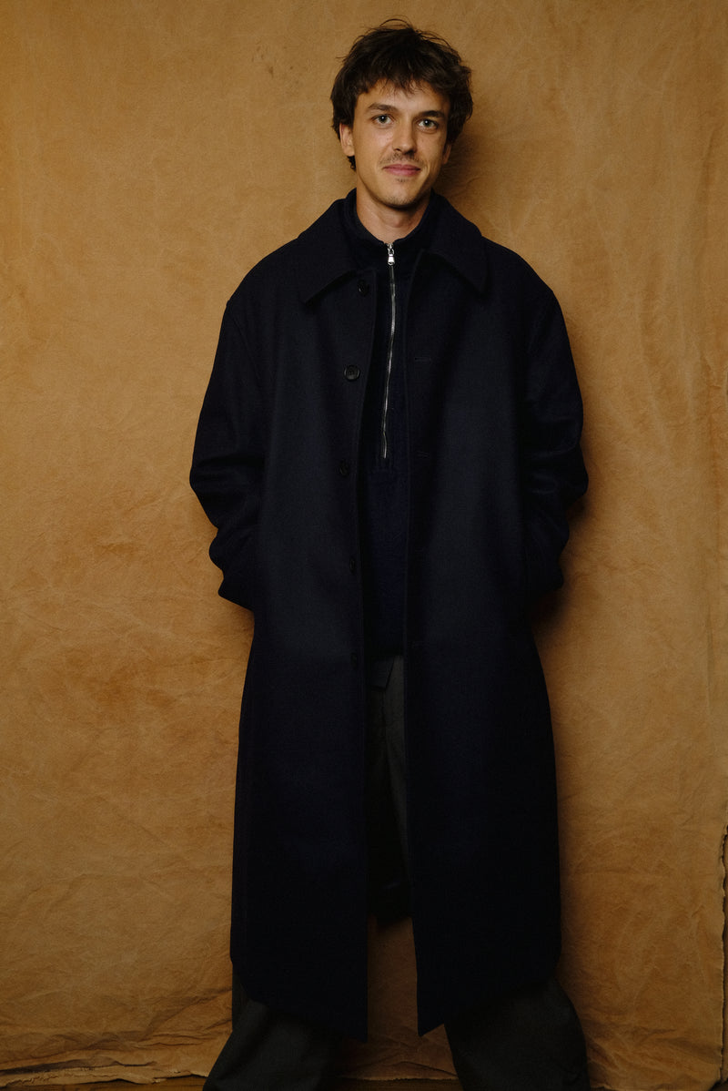 loden wool & cashmere long coat in dark navy