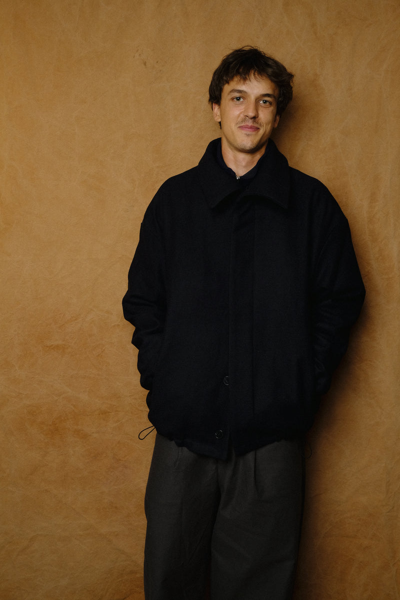 wool gabardine short coat in dark navy