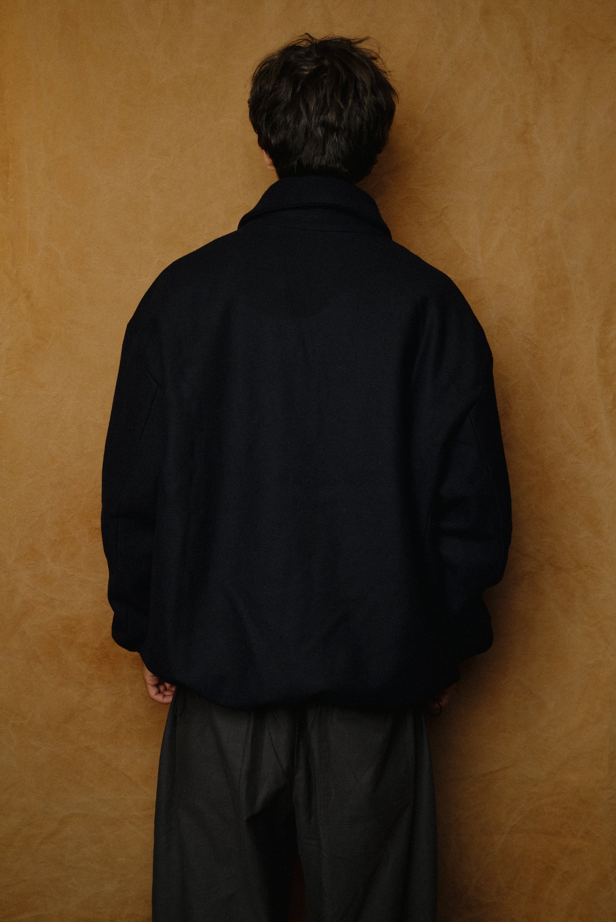 wool gabardine short coat in dark navy