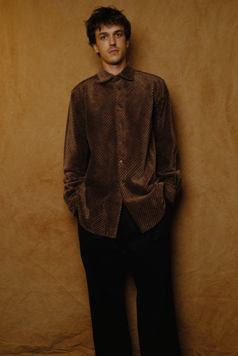 bias cut heavy wale dress shirt in brown
