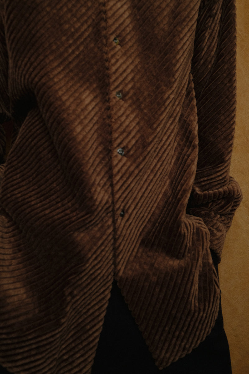 bias cut heavy wale dress shirt in brown