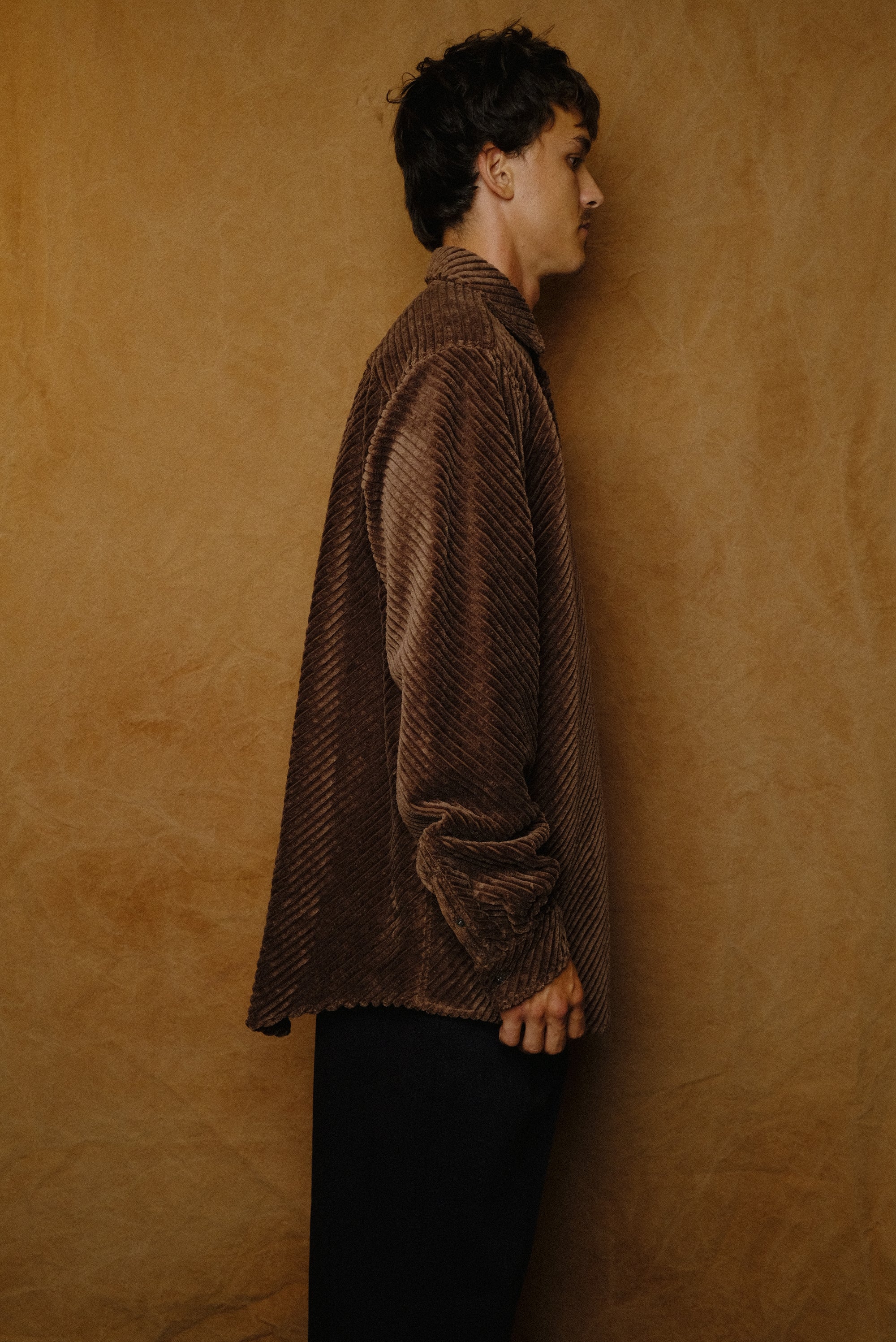 bias cut heavy wale dress shirt in brown