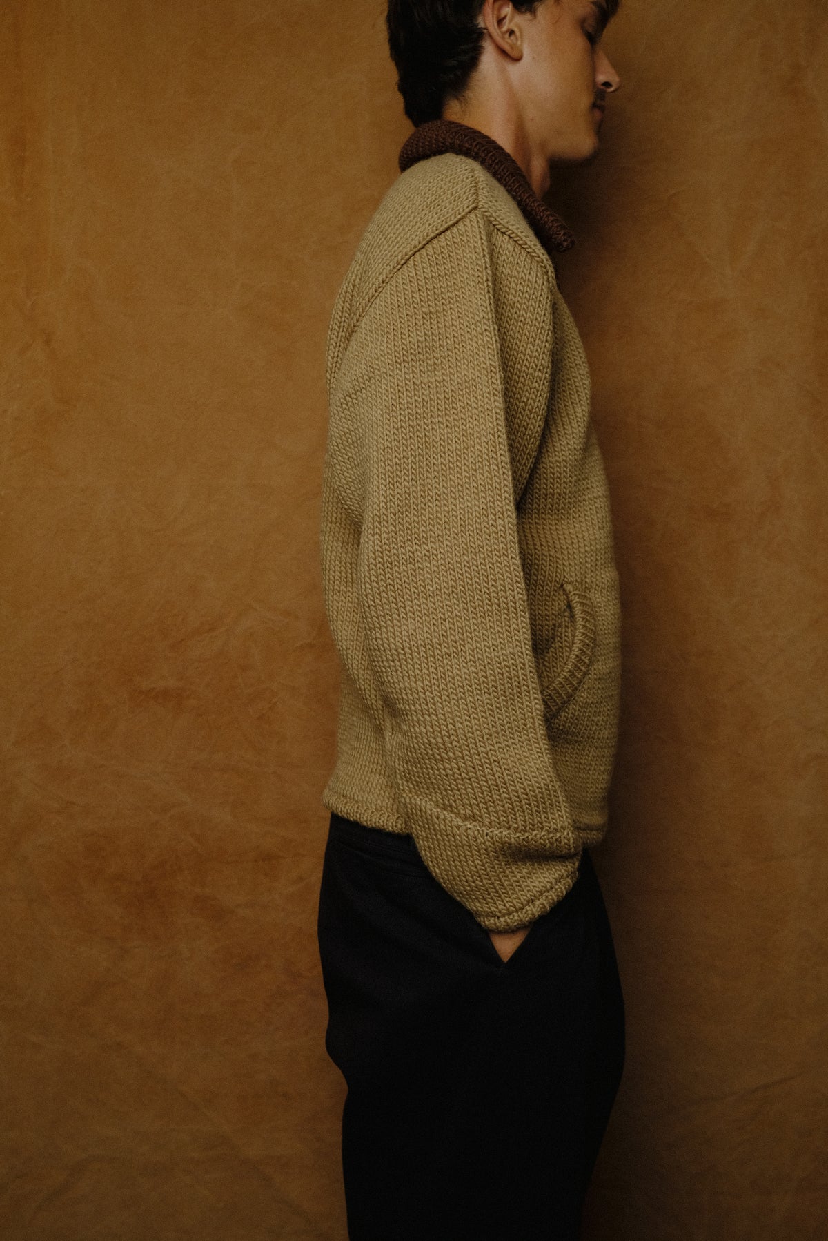 home made knitting detroit jacket in tan